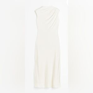 H&M Draped Viscose Satin Sleeveless Midi Dress Cream Roundneck Slim Fit Large